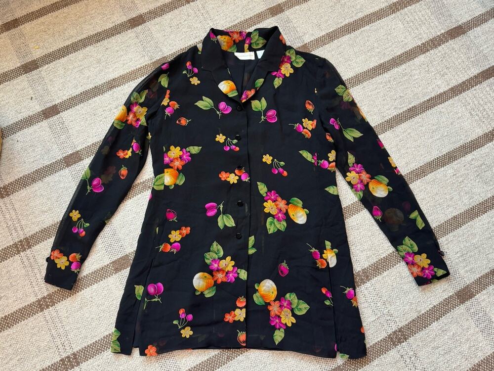 Vintage Dana Buchman Silk Blouse Black Floral Fruit Semi Sheer 4 Abstract Art